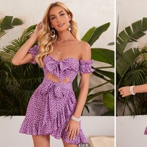SHEIN Off Shoulder Cut Out Tie Front Ruffle Trim Ditsy Floral Dress